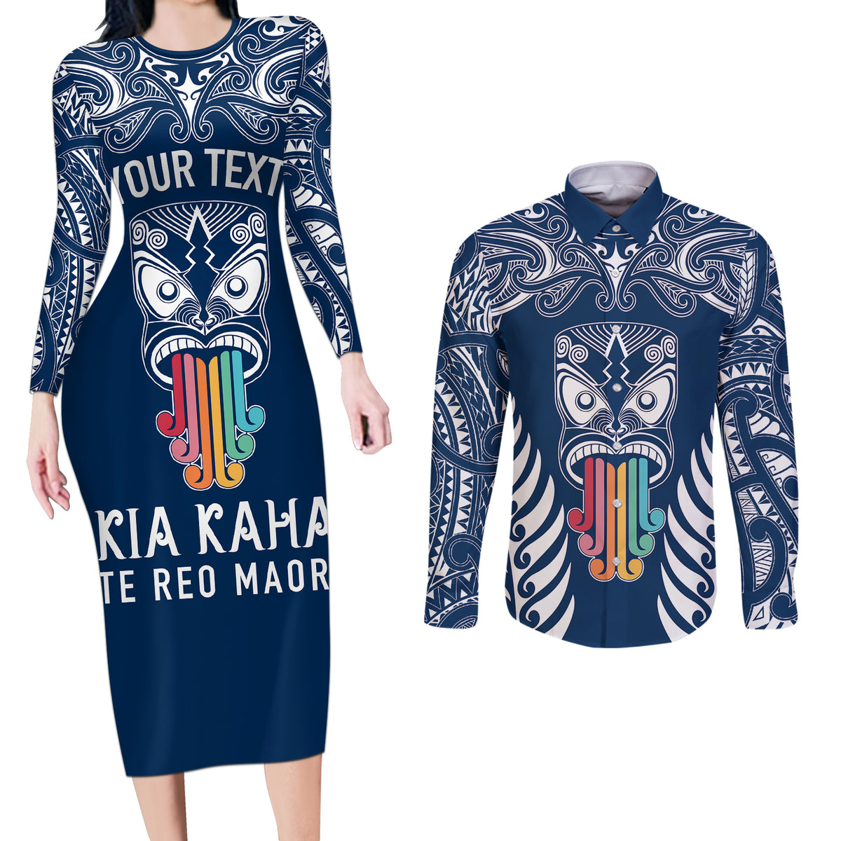personalised-kia-kaha-te-reo-maori-couples-matching-long-sleeve-bodycon-dress-and-long-sleeve-button-shirts-hei-tiki-mix-koru-navy-blue