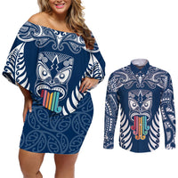 personalised-kia-kaha-te-reo-maori-couples-matching-off-shoulder-short-dress-and-long-sleeve-button-shirts-hei-tiki-mix-koru-navy-blue