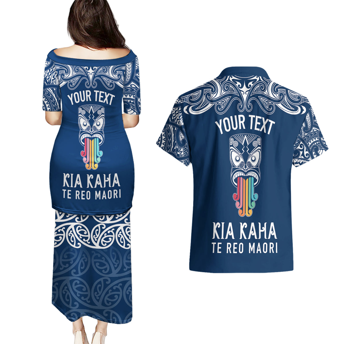 personalised-kia-kaha-te-reo-maori-couples-matching-puletasi-dress-and-hawaiian-shirt-hei-tiki-mix-koru-navy-blue