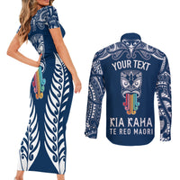 personalised-kia-kaha-te-reo-maori-couples-matching-short-sleeve-bodycon-dress-and-long-sleeve-button-shirts-hei-tiki-mix-koru-navy-blue