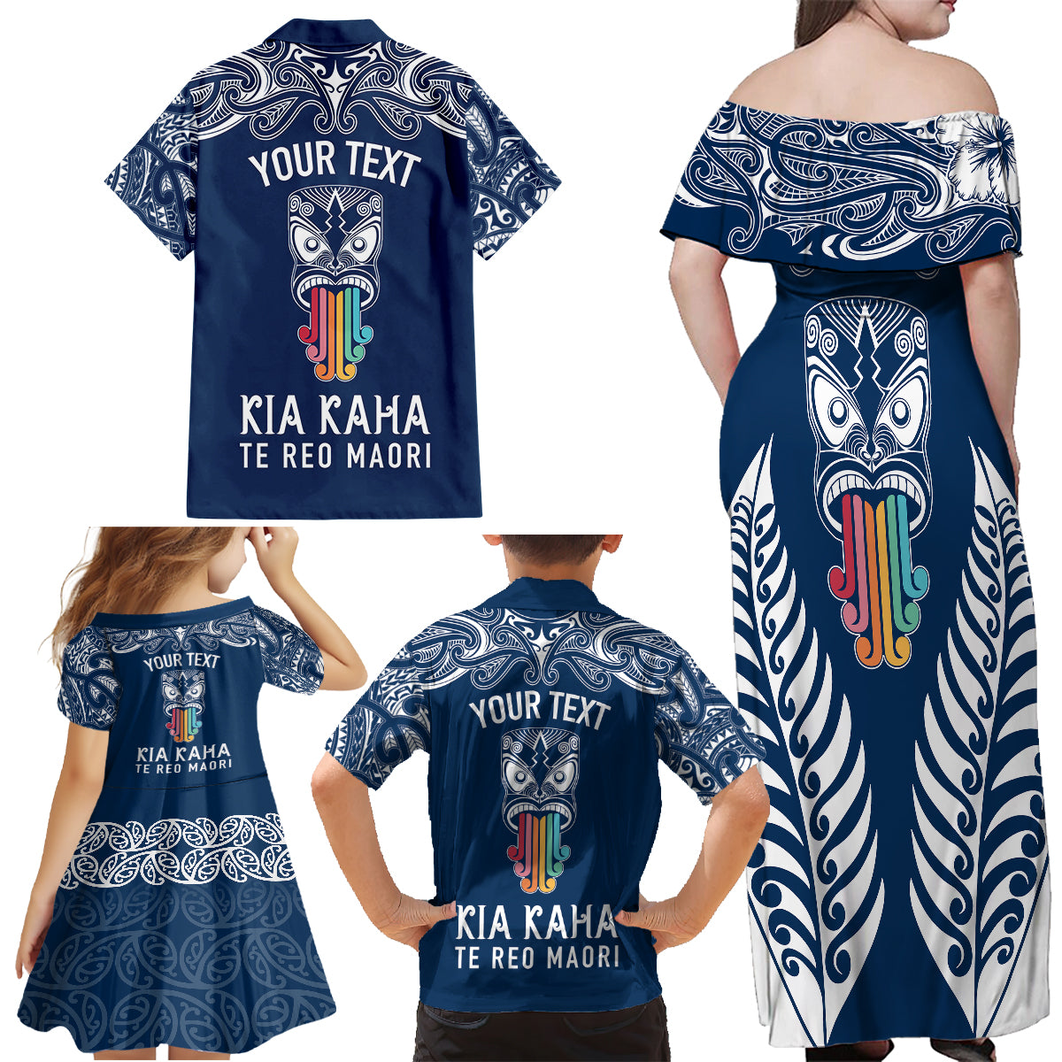 personalised-kia-kaha-te-reo-maori-family-matching-off-shoulder-maxi-dress-and-hawaiian-shirt-hei-tiki-mix-koru-navy-blue