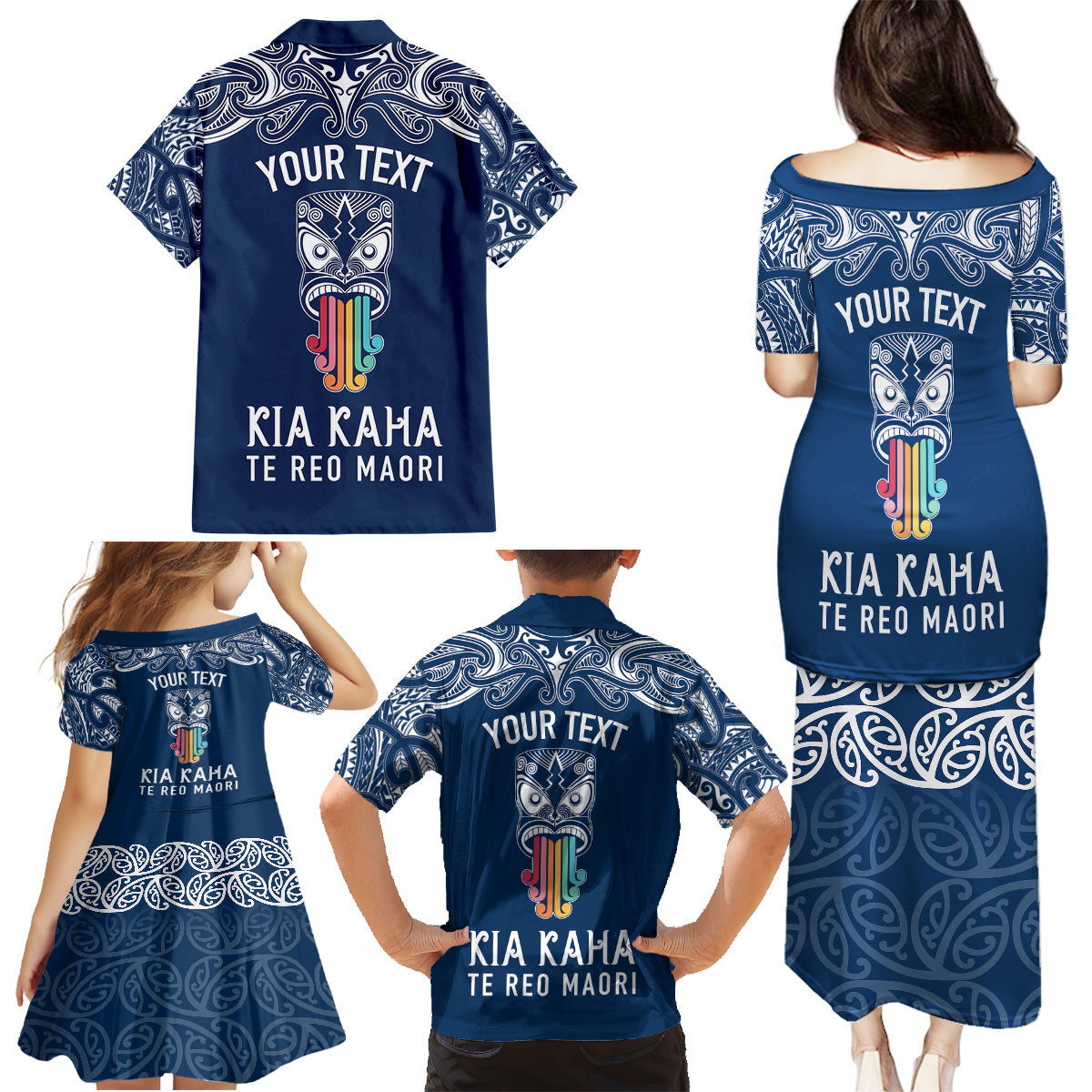 Personalised Kia Kaha Te Reo Maori Family Matching Puletasi Dress and Hawaiian Shirt Hei Tiki Mix Koru - Navy Blue LT7 - Polynesian Pride