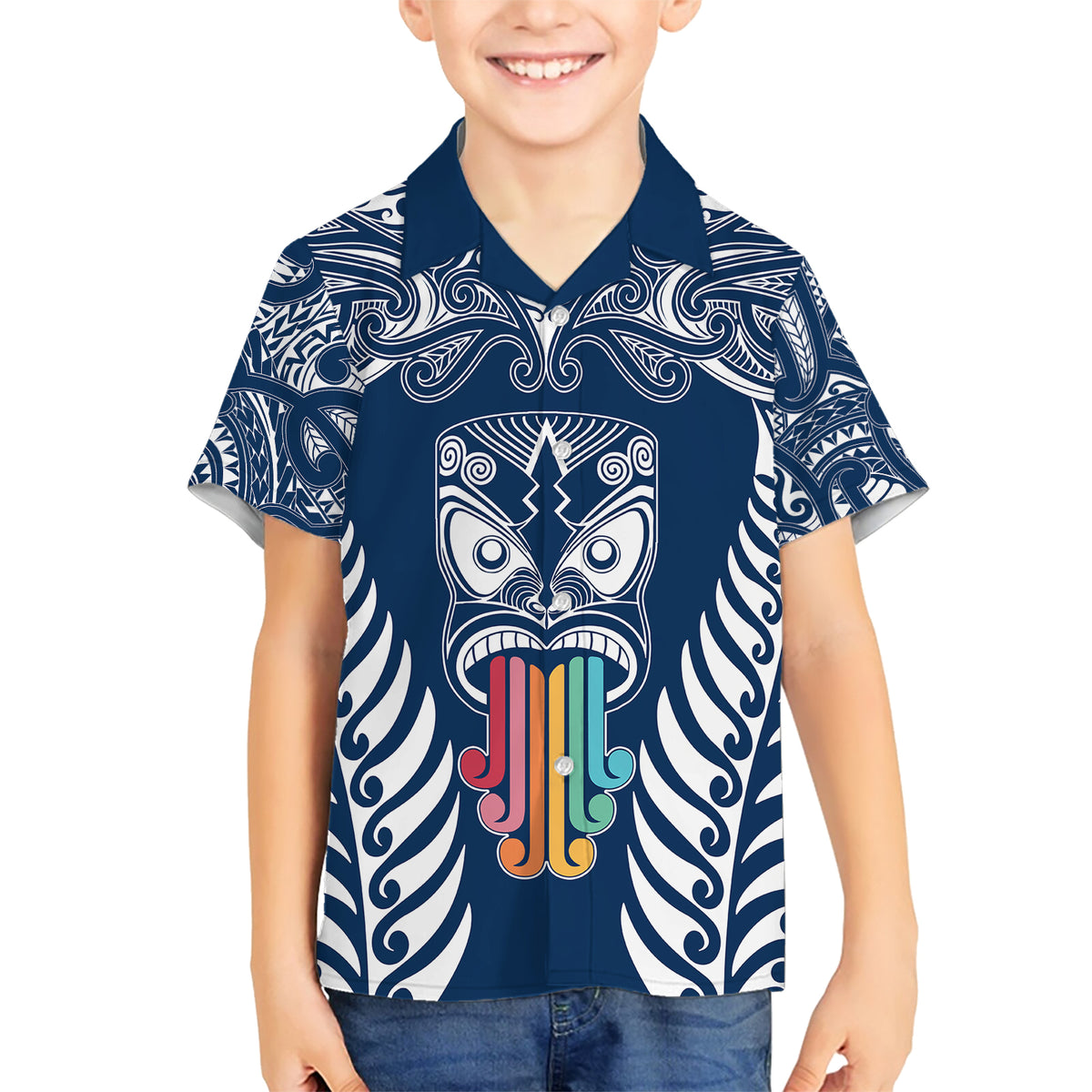 personalised-kia-kaha-te-reo-maori-family-matching-short-sleeve-bodycon-dress-and-hawaiian-shirt-hei-tiki-mix-koru-navy-blue