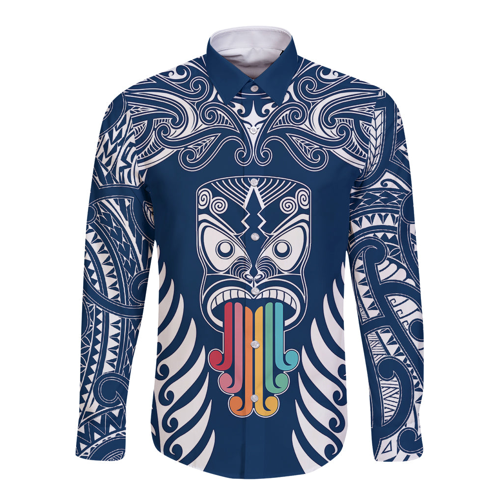 Personalised Kia Kaha Te Reo Maori Long Sleeve Button Shirt Hei Tiki Mix Koru - Navy Blue LT7 Unisex Navy - Polynesian Pride
