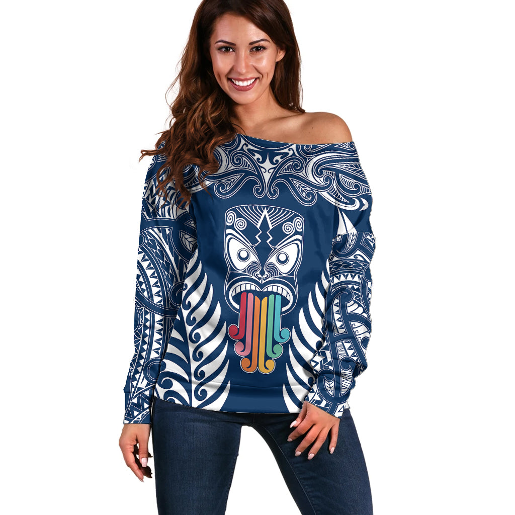 Personalised Kia Kaha Te Reo Maori Off Shoulder Sweater Hei Tiki Mix Koru - Navy Blue LT7 Women Navy - Polynesian Pride