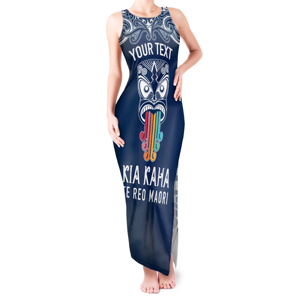 Personalised Kia Kaha Te Reo Maori Tank Maxi Dress Hei Tiki Mix Koru - Navy Blue LT7 Women Navy - Polynesian Pride