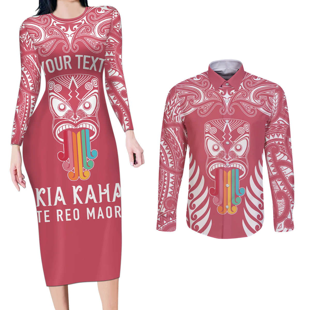 personalised-kia-kaha-te-reo-maori-couples-matching-long-sleeve-bodycon-dress-and-long-sleeve-button-shirts-hei-tiki-mix-koru-pink