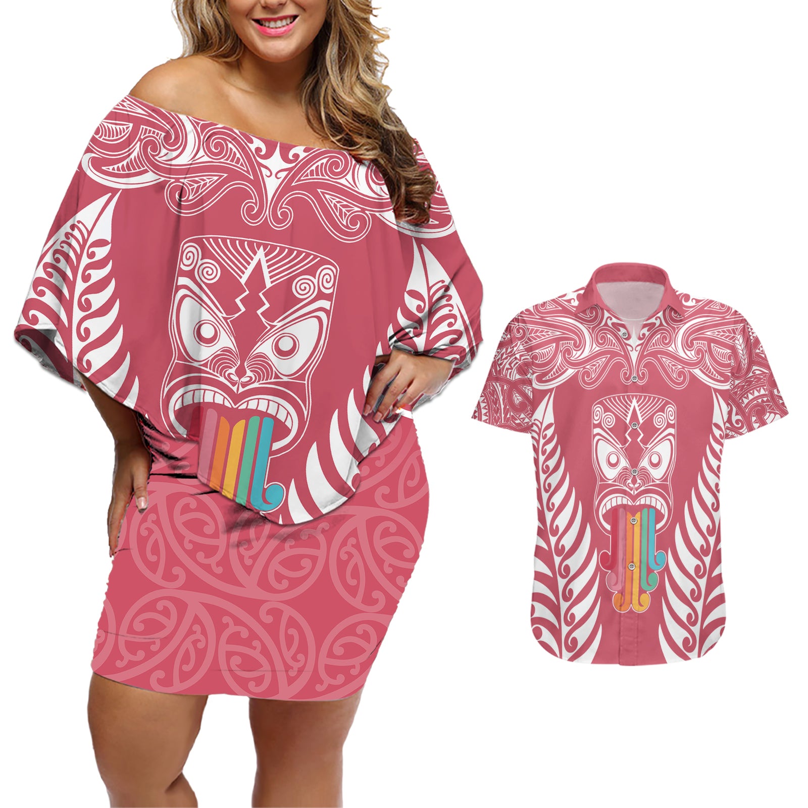 personalised-kia-kaha-te-reo-maori-couples-matching-off-shoulder-short-dress-and-hawaiian-shirt-hei-tiki-mix-koru-pink