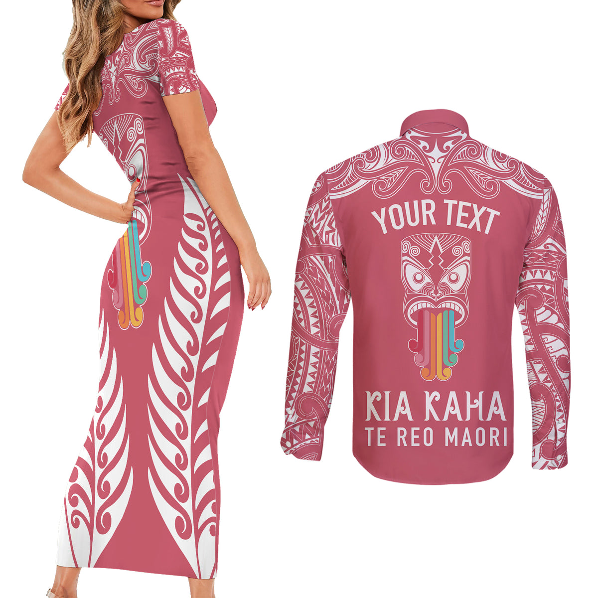 personalised-kia-kaha-te-reo-maori-couples-matching-short-sleeve-bodycon-dress-and-long-sleeve-button-shirts-hei-tiki-mix-koru-pink