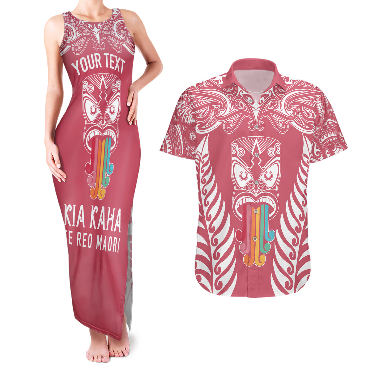 personalised-kia-kaha-te-reo-maori-couples-matching-tank-maxi-dress-and-hawaiian-shirt-hei-tiki-mix-koru-pink
