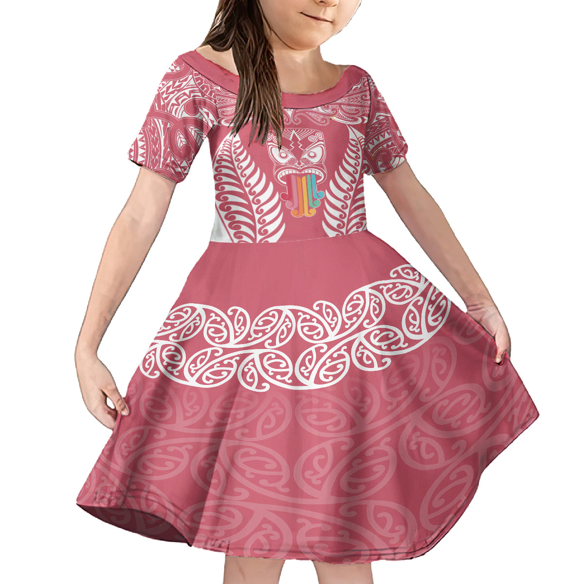 personalised-kia-kaha-te-reo-maori-family-matching-long-sleeve-bodycon-dress-and-hawaiian-shirt-hei-tiki-mix-koru-pink