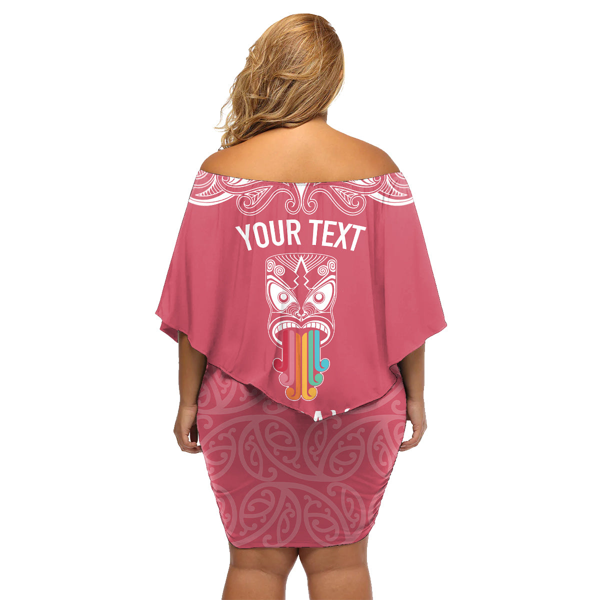 personalised-kia-kaha-te-reo-maori-family-matching-off-shoulder-short-dress-and-hawaiian-shirt-hei-tiki-mix-koru-pink