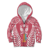 Personalised Kia Kaha Te Reo Maori Kid Hoodie Hei Tiki Mix Koru - Pink LT7 Zip Hoodie Pink - Polynesian Pride
