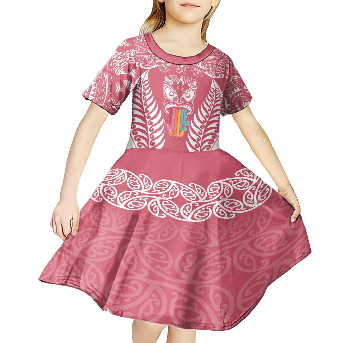 personalised-kia-kaha-te-reo-maori-kid-short-sleeve-dress-hei-tiki-mix-koru-pink