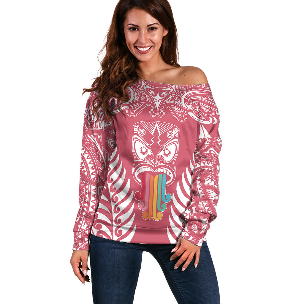 Personalised Kia Kaha Te Reo Maori Off Shoulder Sweater Hei Tiki Mix Koru - Pink LT7 Women Pink - Polynesian Pride