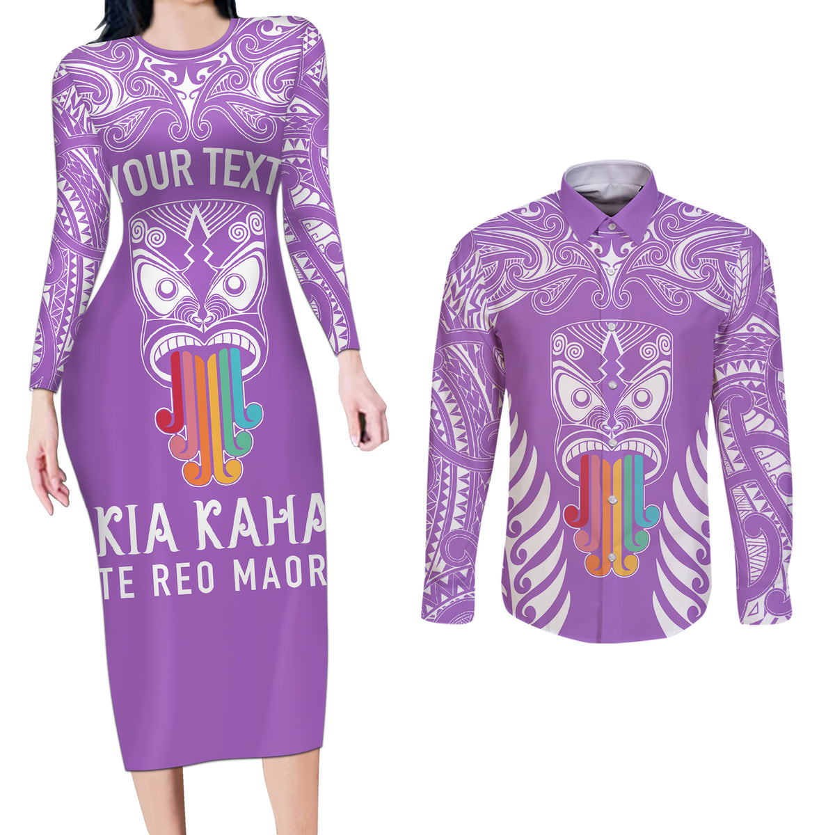personalised-kia-kaha-te-reo-maori-couples-matching-long-sleeve-bodycon-dress-and-long-sleeve-button-shirts-hei-tiki-mix-koru-purple