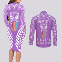 personalised-kia-kaha-te-reo-maori-couples-matching-long-sleeve-bodycon-dress-and-long-sleeve-button-shirts-hei-tiki-mix-koru-purple