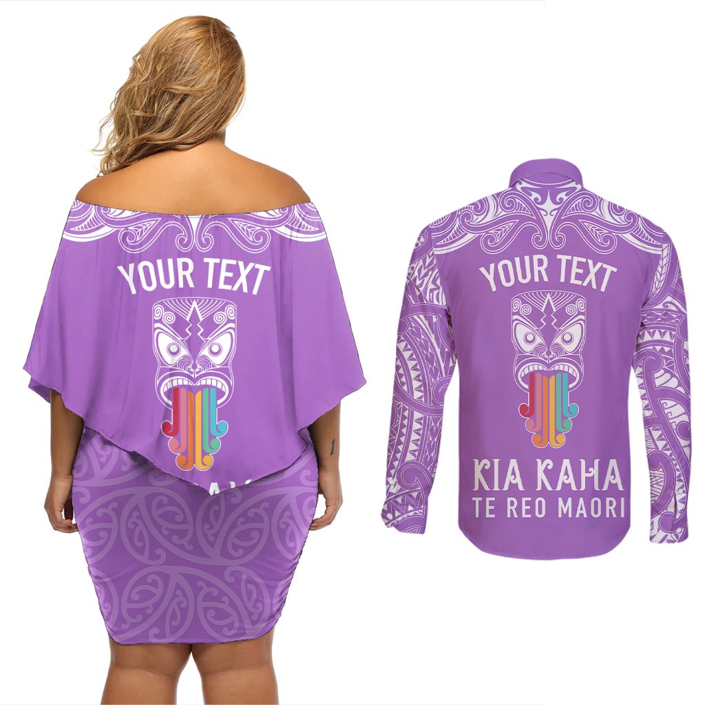personalised-kia-kaha-te-reo-maori-couples-matching-off-shoulder-short-dress-and-long-sleeve-button-shirts-hei-tiki-mix-koru-purple