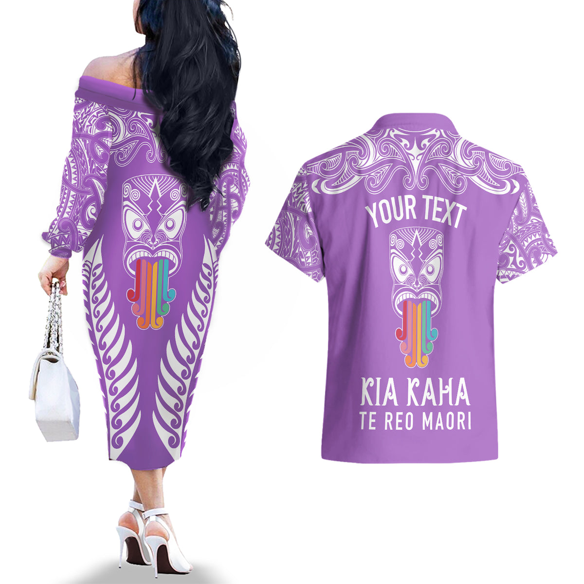 personalised-kia-kaha-te-reo-maori-couples-matching-off-the-shoulder-long-sleeve-dress-and-hawaiian-shirt-hei-tiki-mix-koru-purple