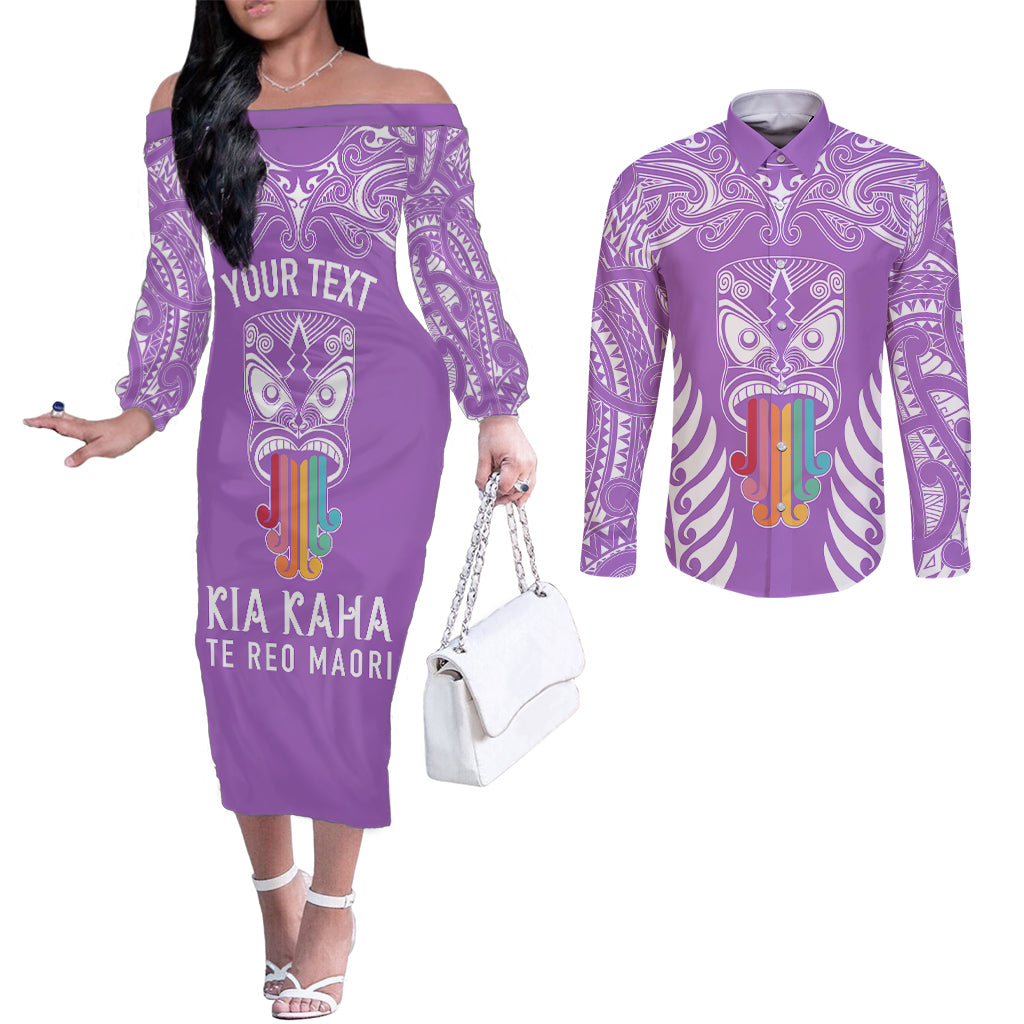 personalised-kia-kaha-te-reo-maori-couples-matching-off-the-shoulder-long-sleeve-dress-and-long-sleeve-button-shirts-hei-tiki-mix-koru-purple