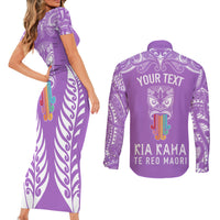 personalised-kia-kaha-te-reo-maori-couples-matching-short-sleeve-bodycon-dress-and-long-sleeve-button-shirts-hei-tiki-mix-koru-purple