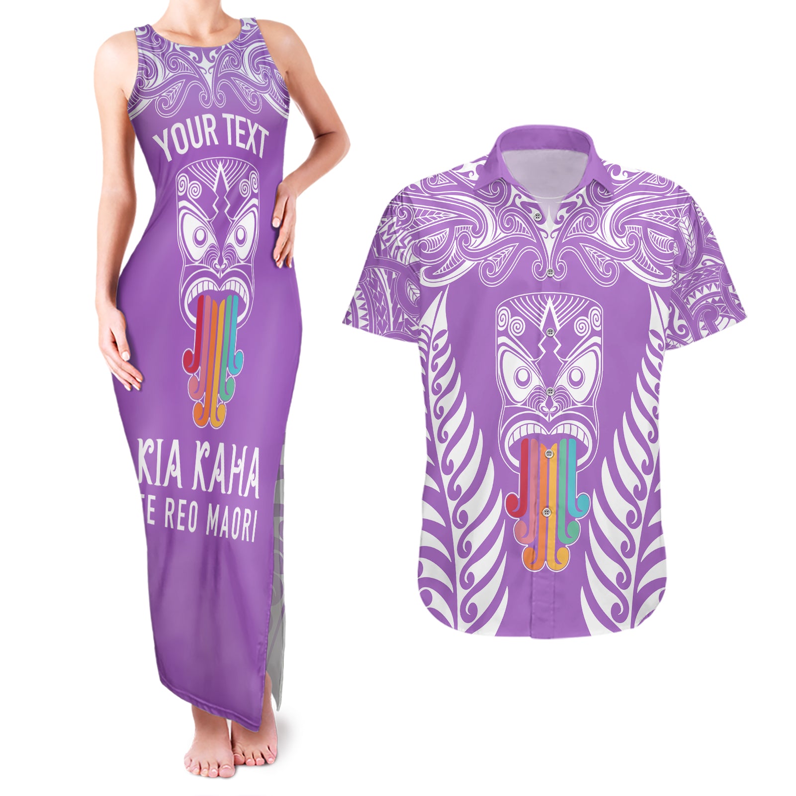 personalised-kia-kaha-te-reo-maori-couples-matching-tank-maxi-dress-and-hawaiian-shirt-hei-tiki-mix-koru-purple