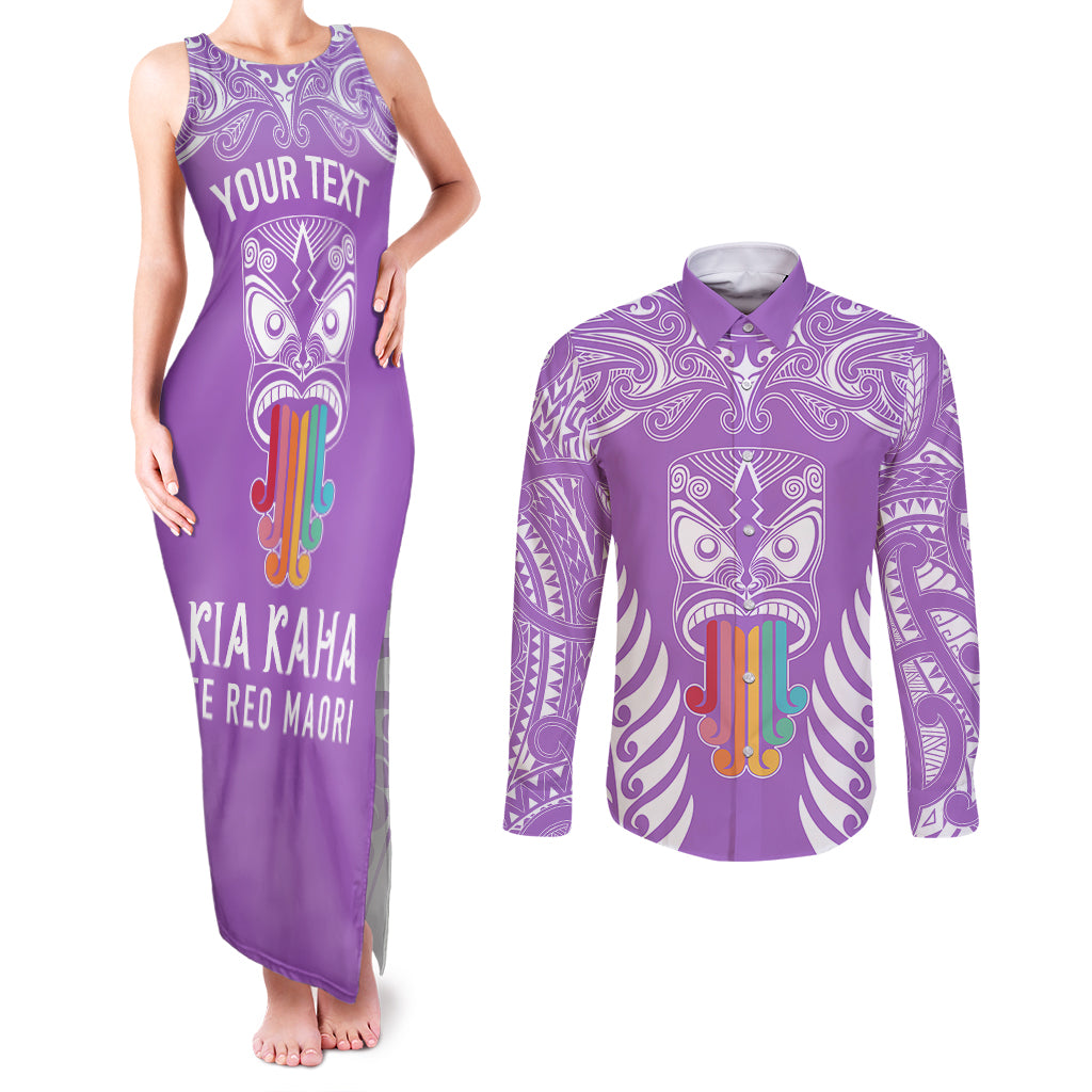 personalised-kia-kaha-te-reo-maori-couples-matching-tank-maxi-dress-and-long-sleeve-button-shirts-hei-tiki-mix-koru-purple