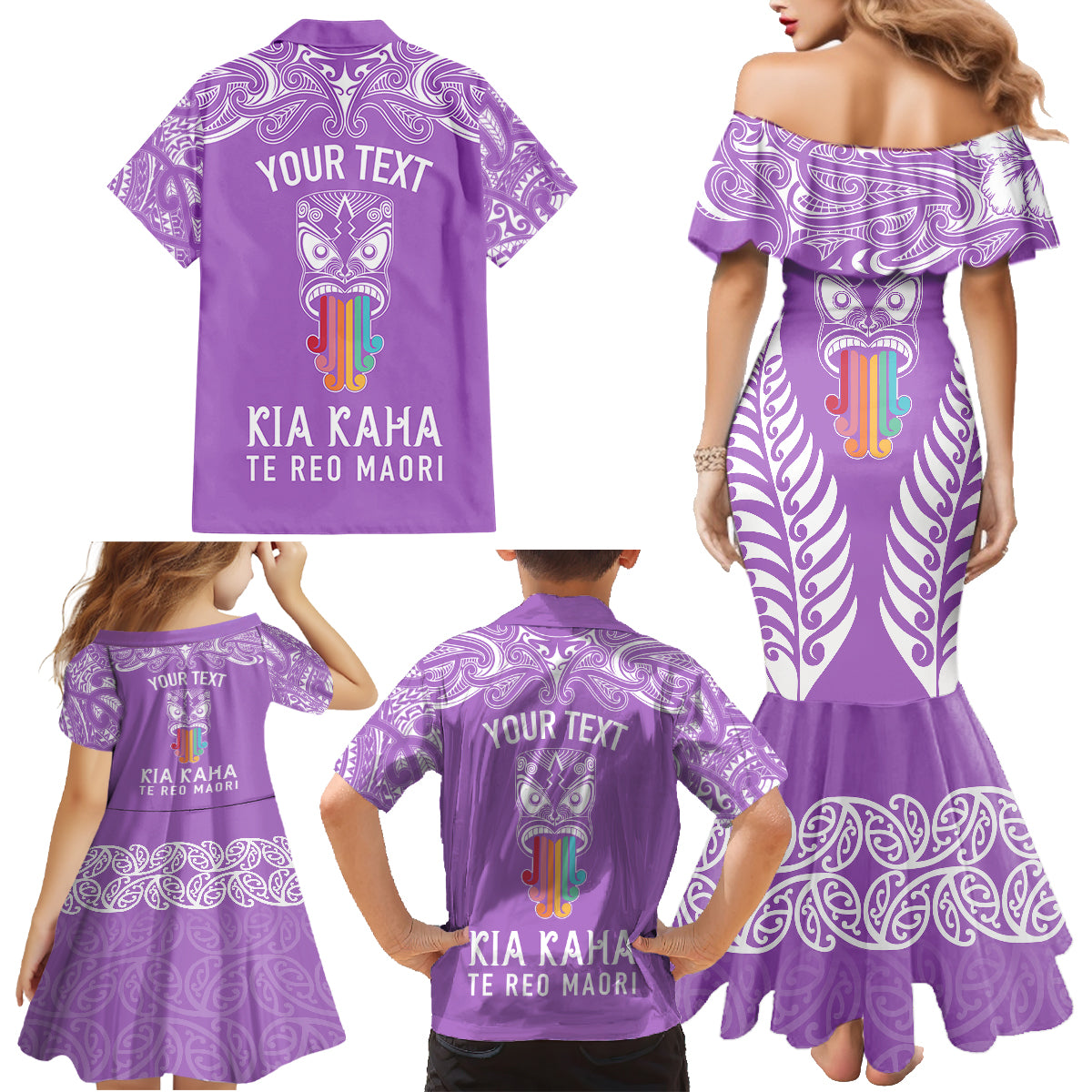 personalised-kia-kaha-te-reo-maori-family-matching-mermaid-dress-and-hawaiian-shirt-hei-tiki-mix-koru-purple