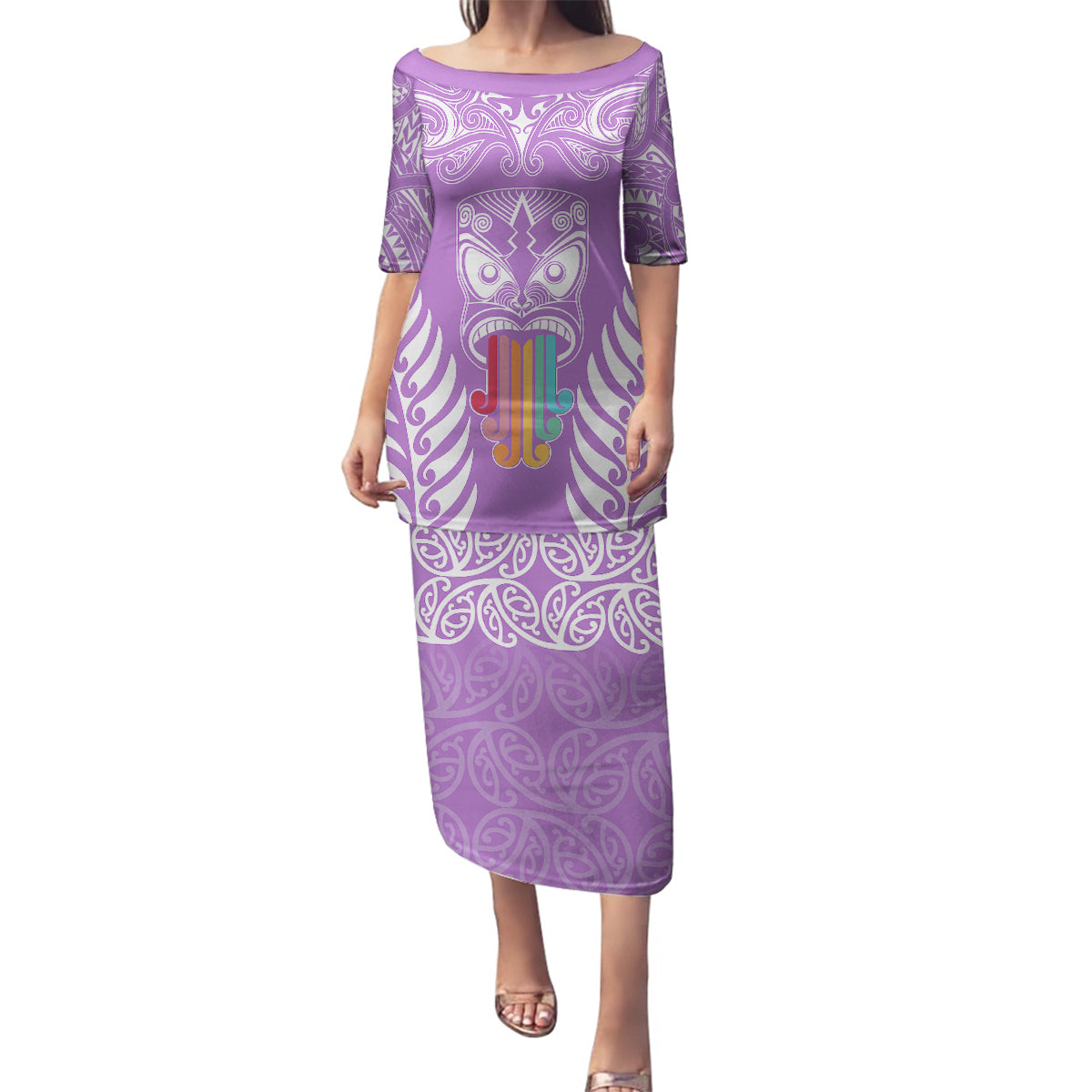 Personalised Kia Kaha Te Reo Maori Family Matching Puletasi Dress and Hawaiian Shirt Hei Tiki Mix Koru - Purple LT7 Mom's Dress Purple - Polynesian Pride