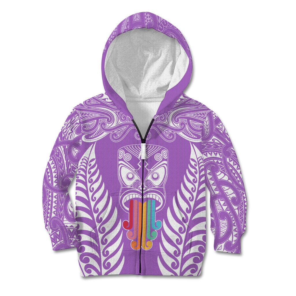 Personalised Kia Kaha Te Reo Maori Kid Hoodie Hei Tiki Mix Koru - Purple LT7 Zip Hoodie Purple - Polynesian Pride