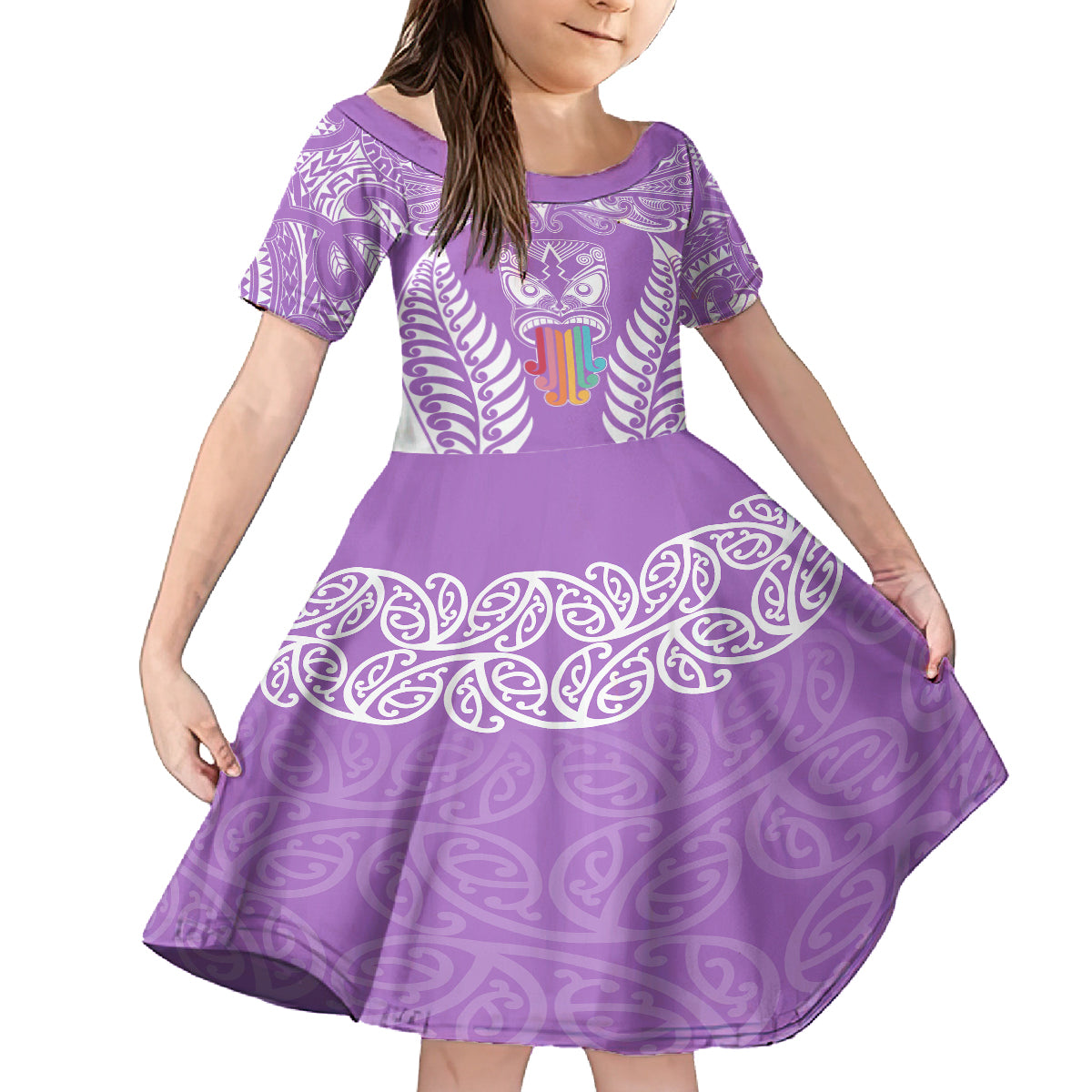 personalised-kia-kaha-te-reo-maori-kid-short-sleeve-dress-hei-tiki-mix-koru-purple