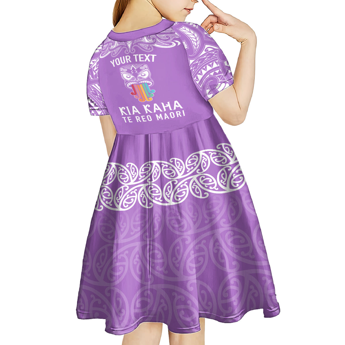 personalised-kia-kaha-te-reo-maori-kid-short-sleeve-dress-hei-tiki-mix-koru-purple