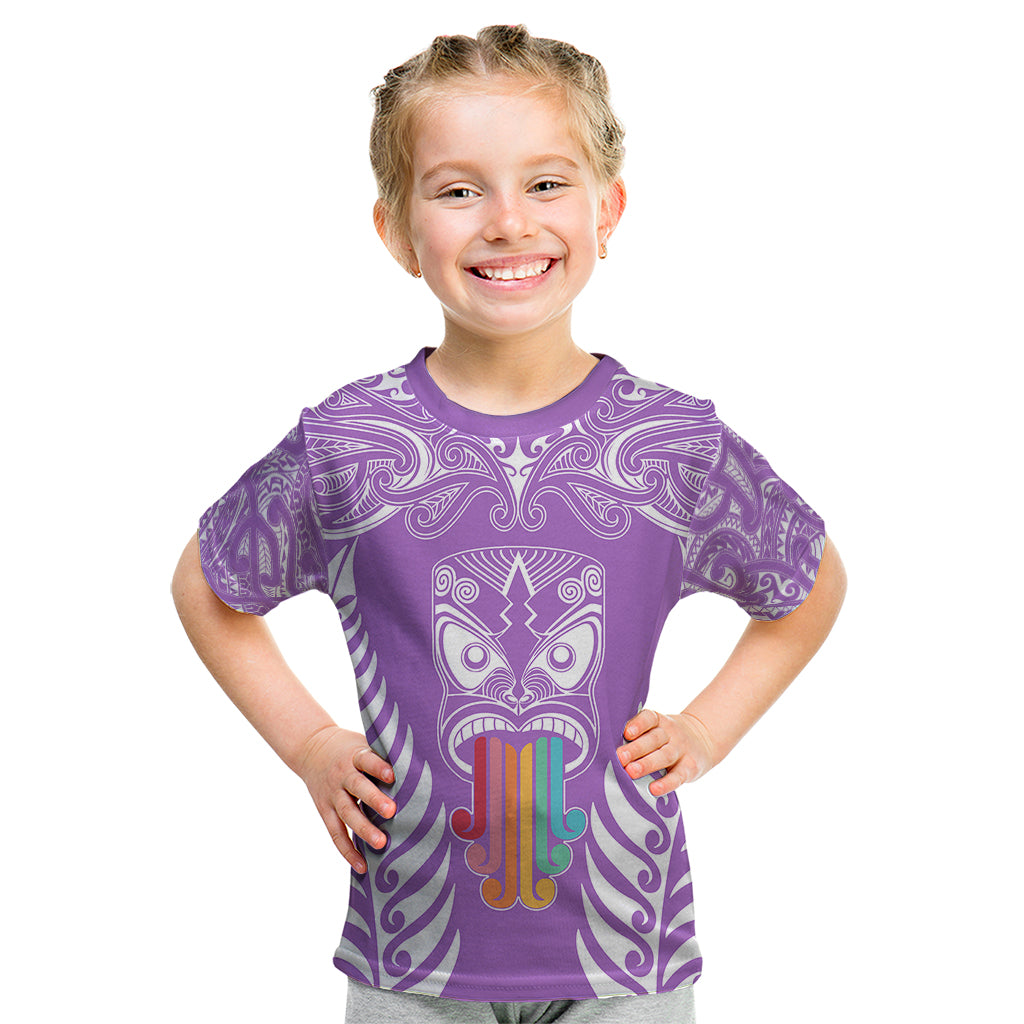 Personalised Kia Kaha Te Reo Maori Kid T Shirt Hei Tiki Mix Koru - Purple LT7 Purple - Polynesian Pride