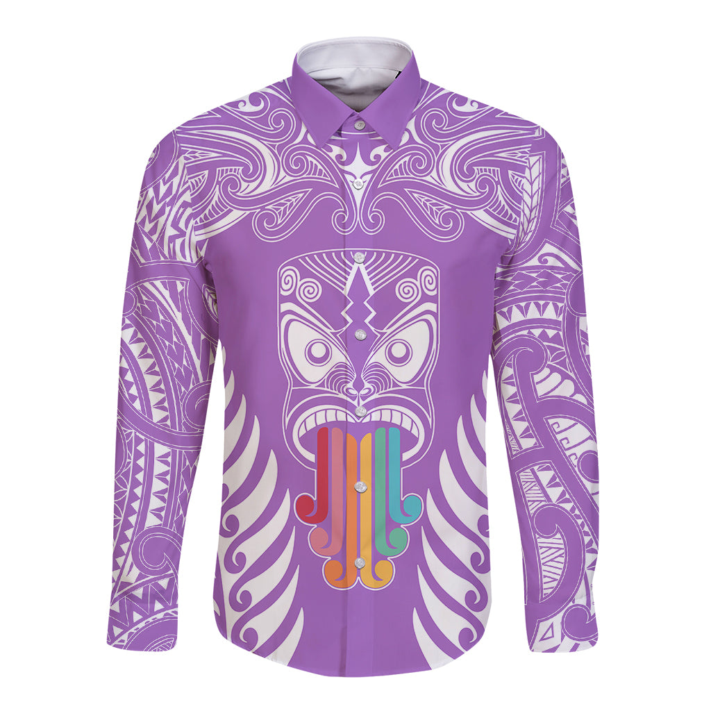 Personalised Kia Kaha Te Reo Maori Long Sleeve Button Shirt Hei Tiki Mix Koru - Purple LT7 Unisex Purple - Polynesian Pride