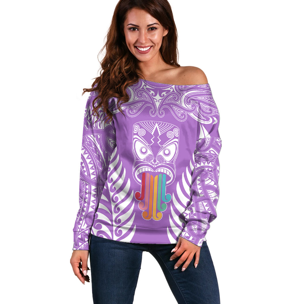 Personalised Kia Kaha Te Reo Maori Off Shoulder Sweater Hei Tiki Mix Koru - Purple LT7 Women Purple - Polynesian Pride