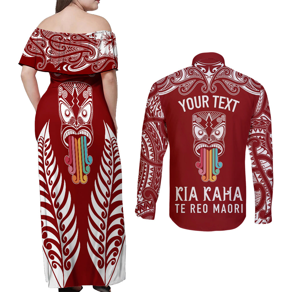 personalised-kia-kaha-te-reo-maori-couples-matching-off-shoulder-maxi-dress-and-long-sleeve-button-shirts-hei-tiki-mix-koru-red