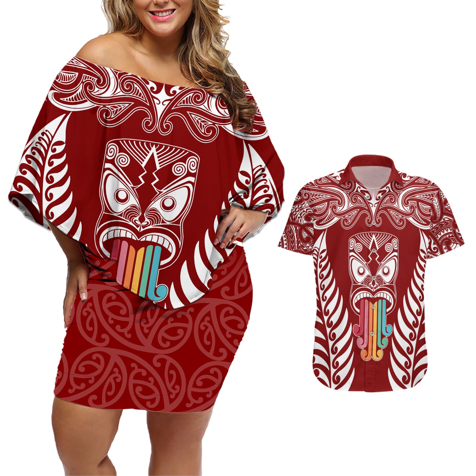 personalised-kia-kaha-te-reo-maori-couples-matching-off-shoulder-short-dress-and-hawaiian-shirt-hei-tiki-mix-koru-red