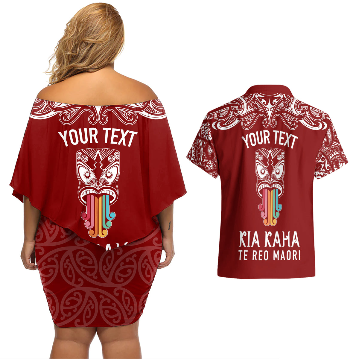 personalised-kia-kaha-te-reo-maori-couples-matching-off-shoulder-short-dress-and-hawaiian-shirt-hei-tiki-mix-koru-red
