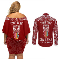 personalised-kia-kaha-te-reo-maori-couples-matching-off-shoulder-short-dress-and-long-sleeve-button-shirts-hei-tiki-mix-koru-red
