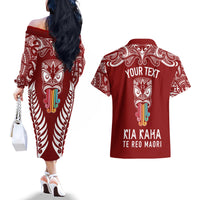 personalised-kia-kaha-te-reo-maori-couples-matching-off-the-shoulder-long-sleeve-dress-and-hawaiian-shirt-hei-tiki-mix-koru-red