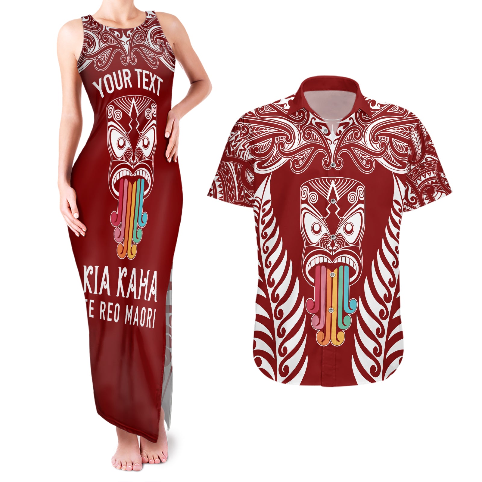 personalised-kia-kaha-te-reo-maori-couples-matching-tank-maxi-dress-and-hawaiian-shirt-hei-tiki-mix-koru-red