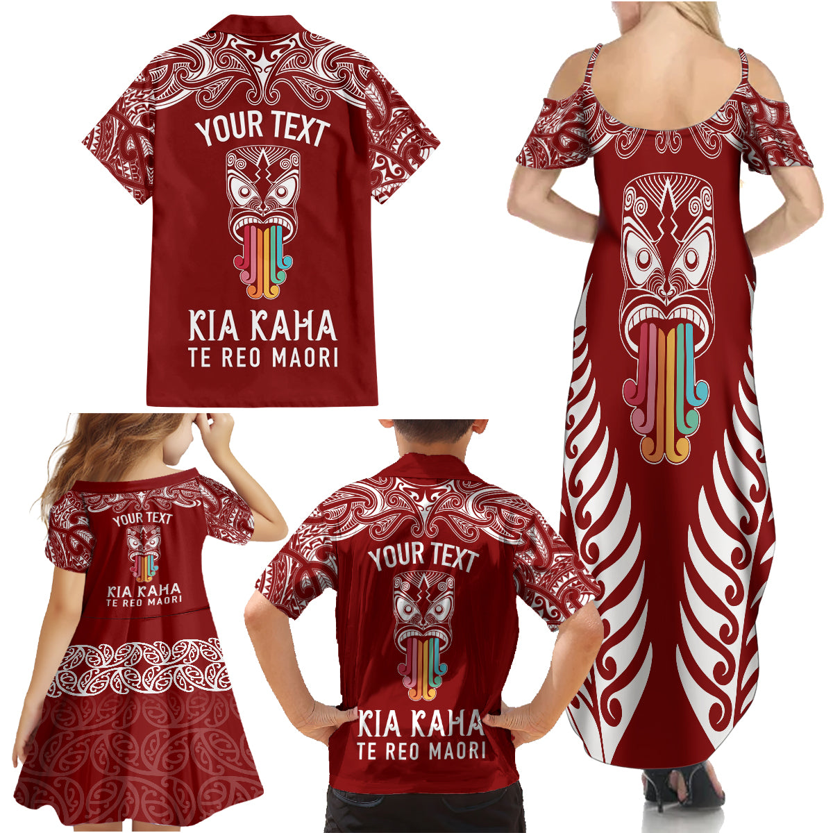 personalised-kia-kaha-te-reo-maori-family-matching-summer-maxi-dress-and-hawaiian-shirt-hei-tiki-mix-koru-red