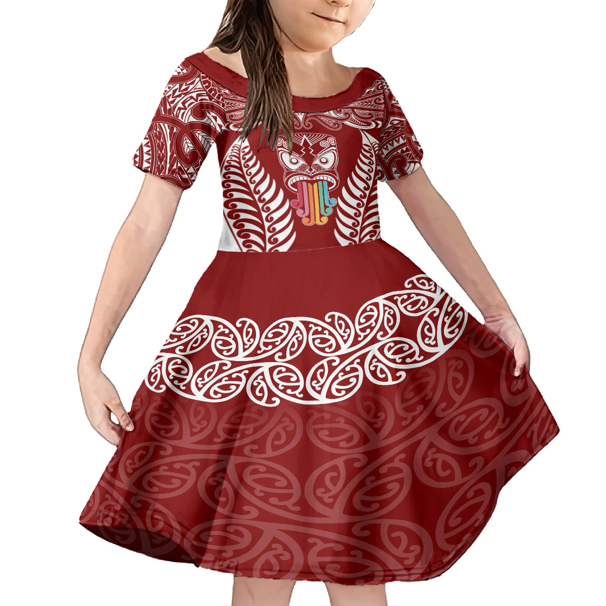 personalised-kia-kaha-te-reo-maori-kid-short-sleeve-dress-hei-tiki-mix-koru-red