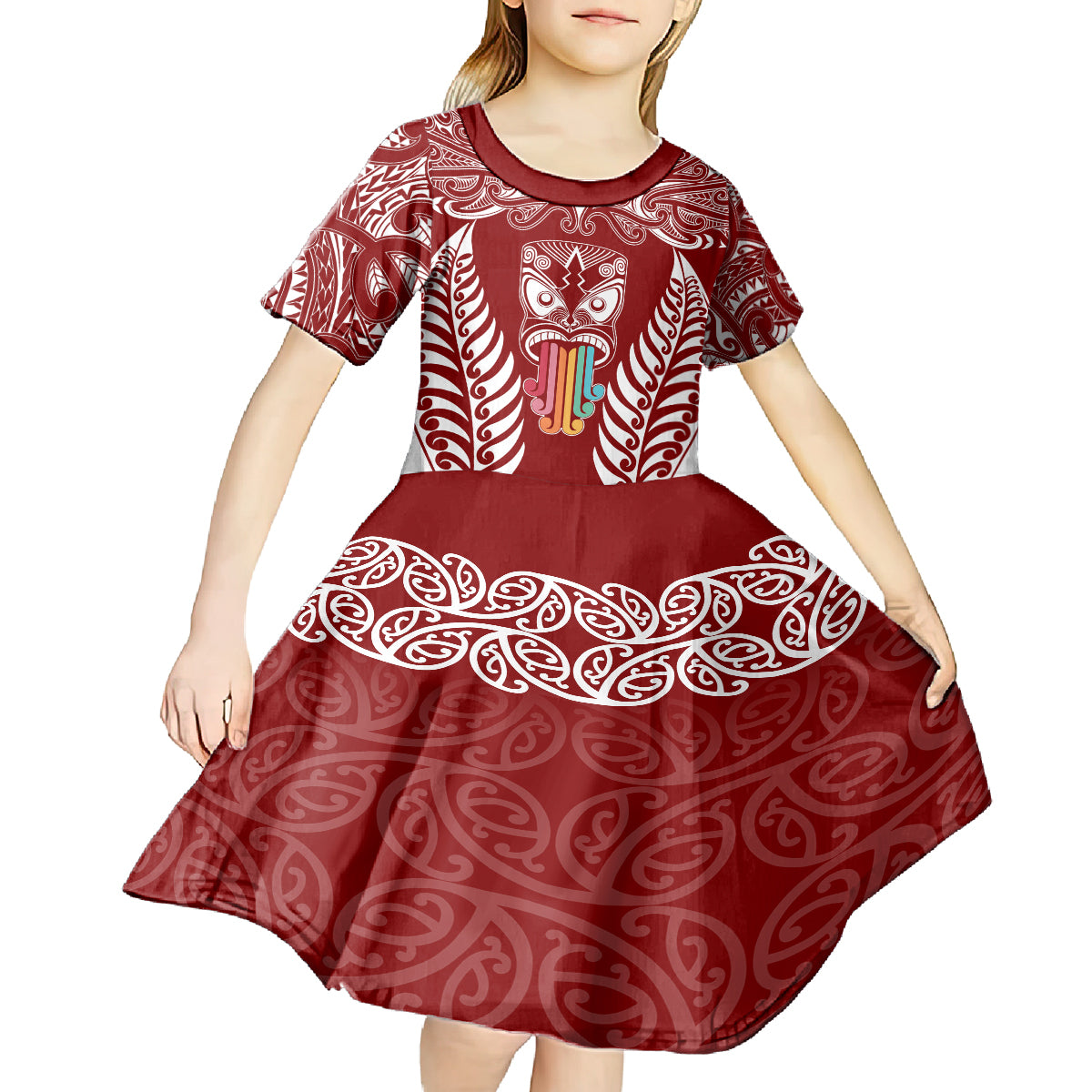 personalised-kia-kaha-te-reo-maori-kid-short-sleeve-dress-hei-tiki-mix-koru-red