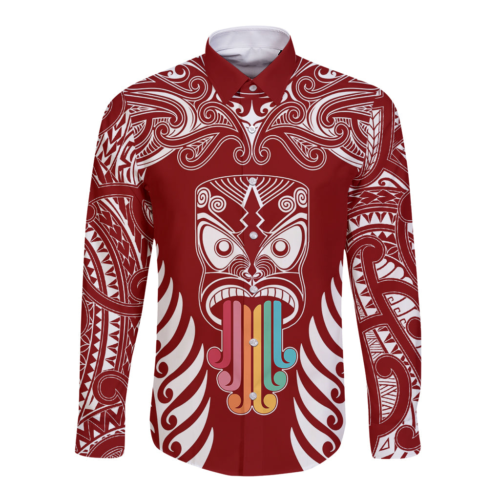 Personalised Kia Kaha Te Reo Maori Long Sleeve Button Shirt Hei Tiki Mix Koru - Red LT7 Unisex Red - Polynesian Pride