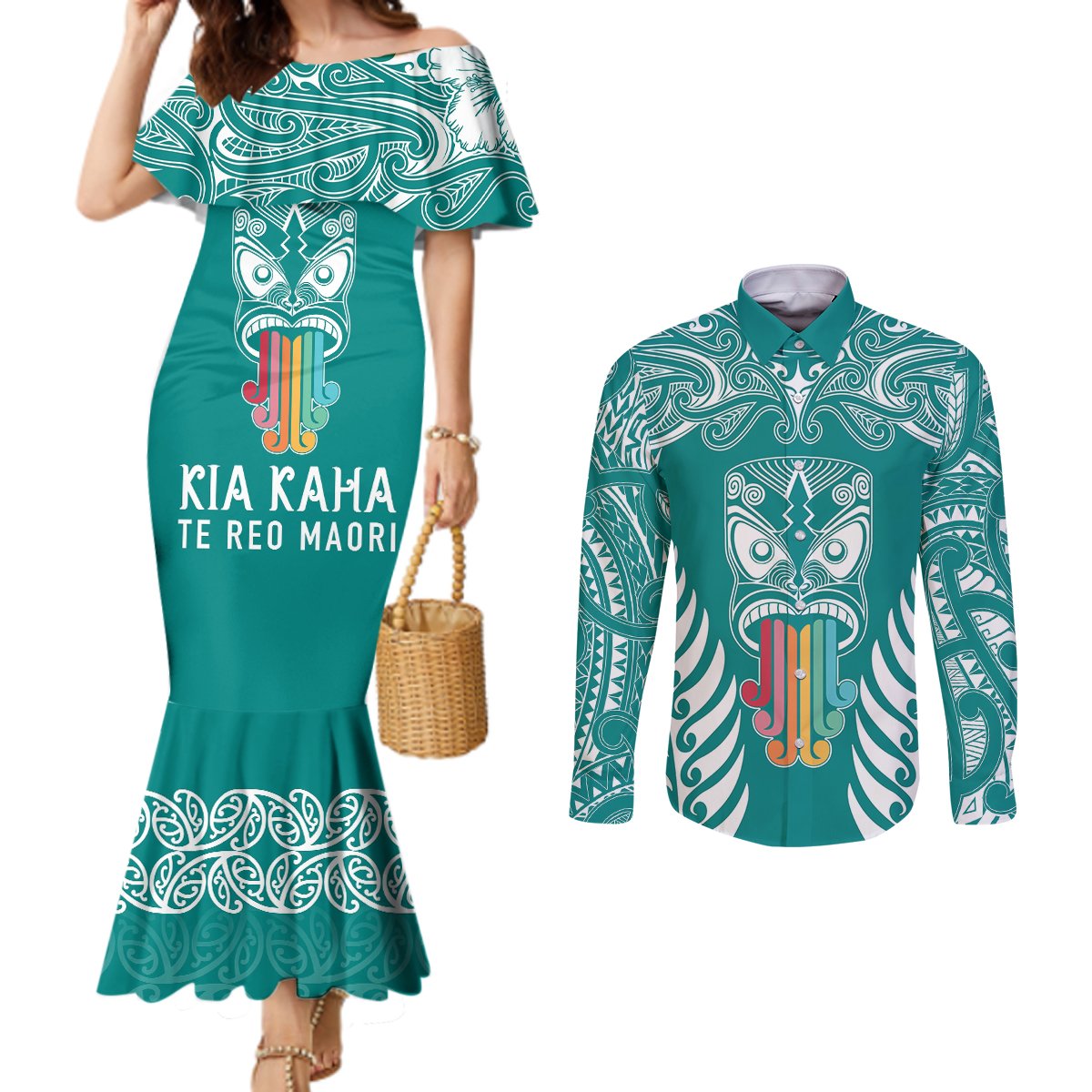 personalised-kia-kaha-te-reo-maori-couples-matching-mermaid-dress-and-long-sleeve-button-shirts-hei-tiki-mix-koru-teal