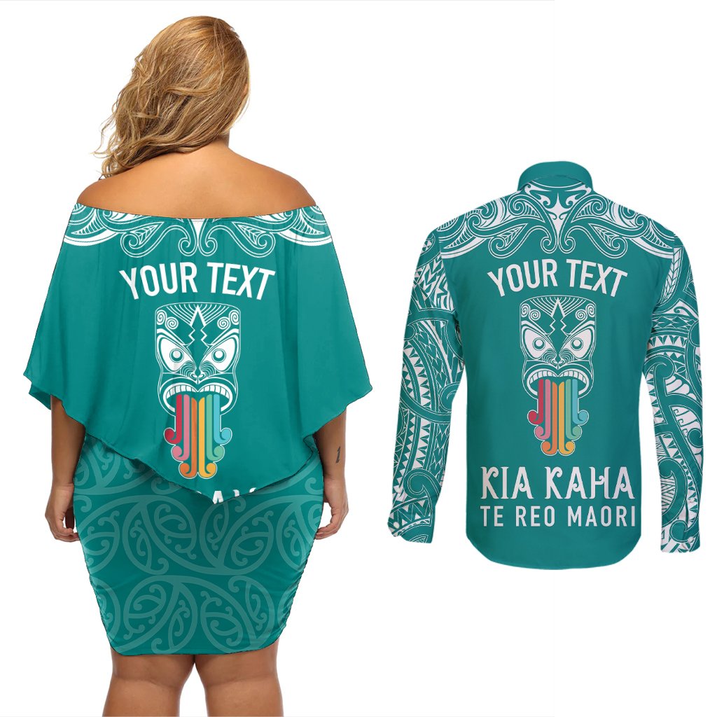 personalised-kia-kaha-te-reo-maori-couples-matching-off-shoulder-short-dress-and-long-sleeve-button-shirts-hei-tiki-mix-koru-teal