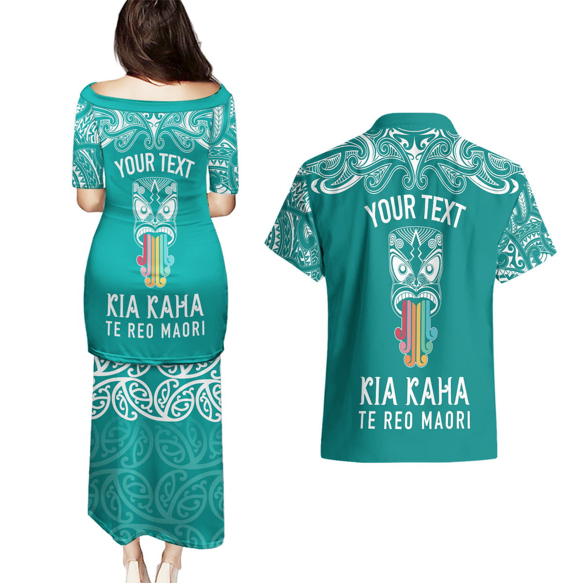 personalised-kia-kaha-te-reo-maori-couples-matching-puletasi-dress-and-hawaiian-shirt-hei-tiki-mix-koru-teal