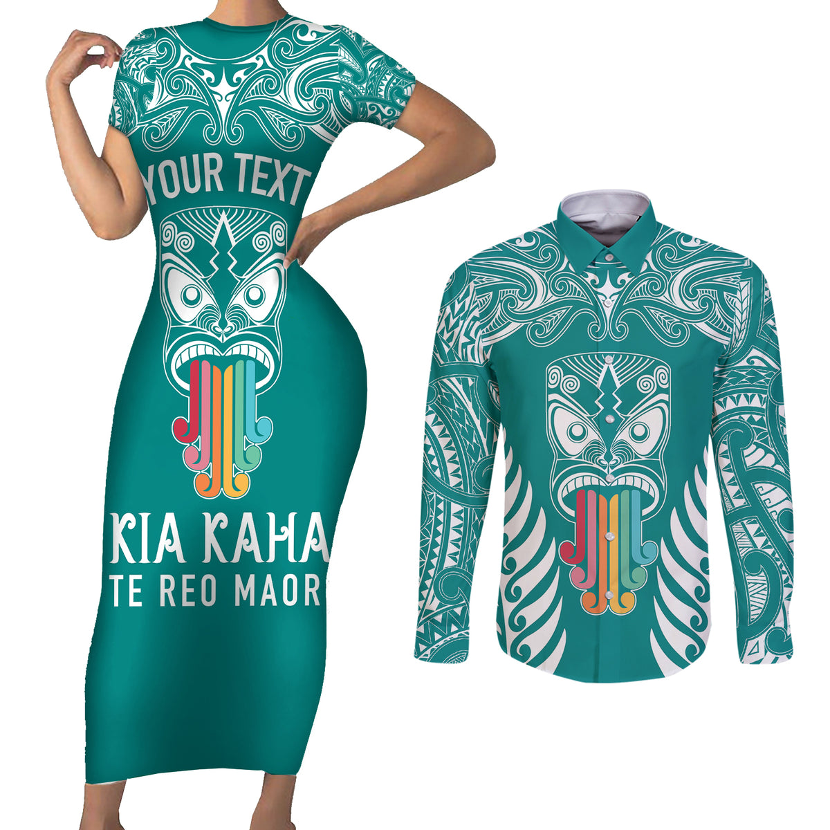 personalised-kia-kaha-te-reo-maori-couples-matching-short-sleeve-bodycon-dress-and-long-sleeve-button-shirts-hei-tiki-mix-koru-teal