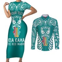 personalised-kia-kaha-te-reo-maori-couples-matching-short-sleeve-bodycon-dress-and-long-sleeve-button-shirts-hei-tiki-mix-koru-teal